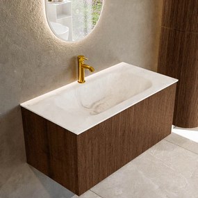 Mondiaz Kurve-dlux 90cm badmeubel walnut met 1 lade en wastafel big small midden 1 kraangat frappe