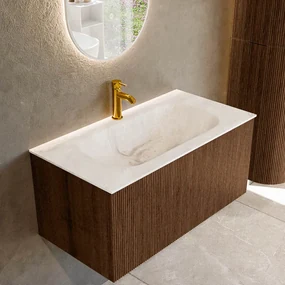 Mondiaz Kurve-dlux 90cm badmeubel walnut met 1 lade en wastafel big small midden 1 kraangat frappe