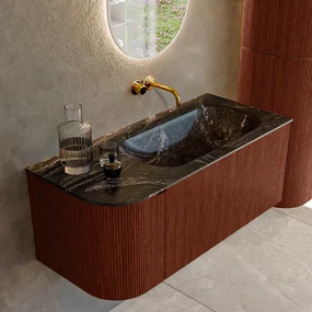 Mondiaz Kurve-dlux 105cm badmeubel ronding links ruby met 1 lade en deur en wastafel big small rechts zonder kraangat lava