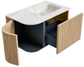 Mondiaz Kurve-dlux 75cm badmeubel ronding links oak met 1 lade en deur en wastafel grunne rechts zonder kraangat frappe