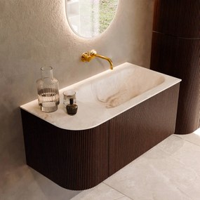 Mondiaz Kurve-dlux 95cm badmeubel ronding links ruby met 1 lade en deur en wastafel big small rechts zonder kraangat frappe