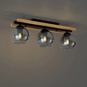 Moderne plafondlamp zwart met hout en smoke glas 3-lichts - Aleks
