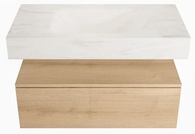 Mondiaz Alan DLux badmeubel 90cm washed oak 1 lade met wastafel ostra midden zonder kraangat