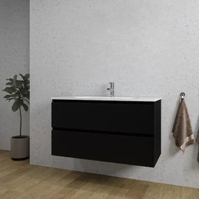Adema Chaci Badkamermeubelset - 100x46x57cm - 1 keramische wasbak wit - 1 kraangat - 2 lades - mat zwart SW1212776/SW804532