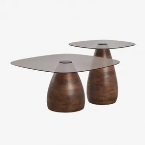 Set Van 2 Vierkante Salontafels In Mangohout En Mariana-glas Donker Handvat Hout - Sklum