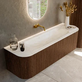 Mondiaz Kurve-dlux 150cm badmeubel ronding links/rechts walnut met 1 lade en 2 deuren en wastafel big medium midden zonder kraangat ostra