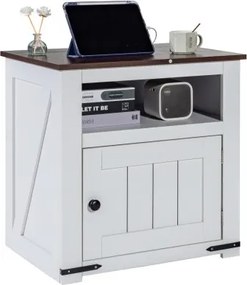 VEVOR Farmhouse bijzettafel, vierkant nachtkastje met USB-poorten en stopcontacten, 3-laags bijzettafel met opbergkast, ideaal voor woonkamer, slaapkamer, kantoor, wit