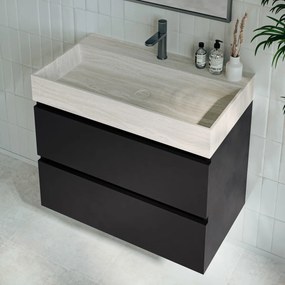 Fontana White Travertin badkamermeubel mat zwart 80cm met kraangat
