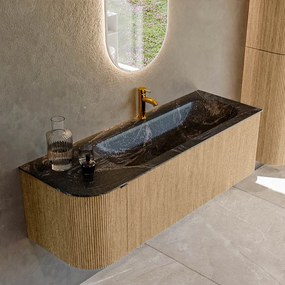 Mondiaz Kurve-dlux 135cm badmeubel ronding links oak met 1 lade en deur en wastafel big medium kraangat rechts lava