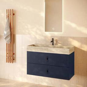 Muebles Murcia badmeubel ribbelfront 100cm marine blauw met White Travertin wastafel met kraangat