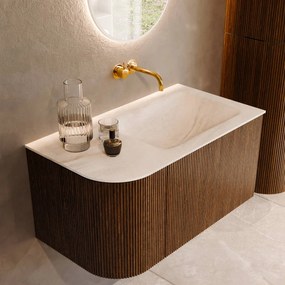 Mondiaz Kurve-dlux 85cm badmeubel ronding links dusk met 1 lade en deur en wastafel cloud rechts zonder kraangat ostra