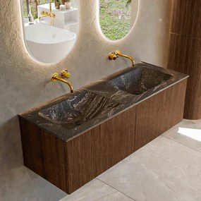Mondiaz Kurve-dlux 130cm badmeubel walnut met 2 lades en wastafel leaf dubbel zonder kraangat lava