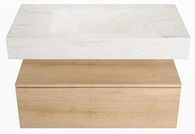 Mondiaz Alan DLux badmeubel 90cm washed oak 1 lade met wastafel ostra midden 1 kraangat