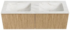 Mondiaz Kurve-dlux 130cm badmeubel oak met 2 lades en wastafel leaf dubbel 2 kraangaten ostra