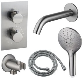 Fortifura Calvi Badkraan set - uitloop - 22cm inkortbaar - metalen slang - ronde handdouche - inbouwdeel - wandhouder - geborsteld RVS PVD SW542645/SW706208/SW1159493/SW1122512/SW799447