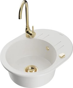 Mexen Kevin granieten gootsteen 1-kompartment met afdruiprek en keukenkraan Telma, wit - 6517-20-670200-50