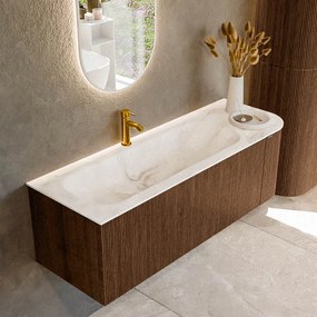 Mondiaz Kurve-dlux 135cm badmeubel ronding rechts walnut met 1 lade en deur en wastafel big medium kraangat links frappe