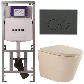 QeramiQ Dely Toiletset - 36.3x51.7cm - diepspoel - rimless - Geberit UP320 inbouwreservoir - softclose toilet zitting 35 mm - bedieningsplaat mat antraciet - ronde knoppen - mat beige SW1000764/SW1000771/0701131/SW1102376