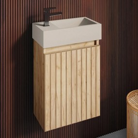 Fontana Crest toiletmeubel ribbelfront warm eiken 40x22cm met beige fontein links