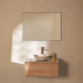 Tedrik Zwevend Badkamermeubelset 80x50 Cm In Essenhout Ash Brown & Rond Cement Wit Ø40 Cm Zavion & Rechthoekige Led En Anticondens 100x70 Cm Riben -