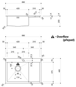 Sapho Kiva spoelbak 69x48x20cm links met kraangat RVS