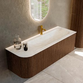 Mondiaz Kurve-dlux 135cm badmeubel ronding links walnut met 1 lade en deur en wastafel big medium kraangat rechts ostra
