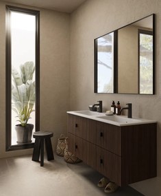 Muebles Avila badmeubel ribbelfront 120cm walnoot met dubbele wastafel met kraangaten
