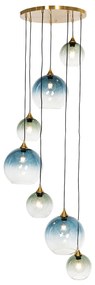 Art Deco Hanglamp messing met blauw glas rond 7-lichts - Sandra