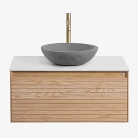 Tedrik Zwevend Badkamermeubelset Van Essenhout Ash Brown & Rond Grijs Cement Ø40 Cm Tarsis & Spiegelloze & Geborsteld Goud ↑30 - Sklum