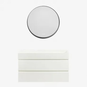 Ona Zwevend Badkamermeubelset Van Hout En Essenfineer Met Geïntegreerde Wastafel Wit & Round Led And Antifog Zwart Ø80 Cm Kimacs & Zonder - Sklum