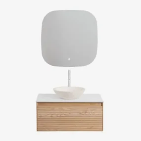 Badkamermeubelset Van Tedrik Essenhout Ash Brown & Rond Cement Wit Ø40 Cm Zavion & Vierkant Led En Anticondens 75x75 Cm Tobie & Wit - Sklum