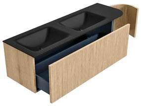 Mondiaz Kurve 145cm badmeubel ronding rechts oak met 1 lade en deur en wastafel cloud dubbel/links 2 kraangaten urban
