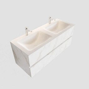 Zaro Valencia Solid Surface badmeubel 120cm wit marmer 2 kraangaten dubbele spoelbak met 2 lades