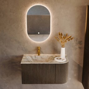 Mondiaz Kurve-dlux 85cm badmeubel ronding rechts shadow met 1 lade en deur en wastafel cloud kraangat links glace