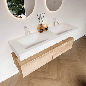 Zaro Alan badmeubel 140cm washed oak 2 lades met vrijhangende wastafel cloud dubbel 2 kraangaten talc