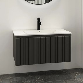 Fontana Lento zwart badkamermeubel ribbelfront witte wastafel 80cm 1 kraangat