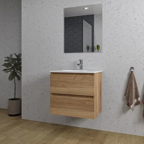 Adema Chaci Badkamermeubelset - 60x46x57cm - 1 ovale keramische wasbak wit - 1 kraangat - 2 lades - rechthoekige spiegel - eiken SW1212759/SW718716/SW724610