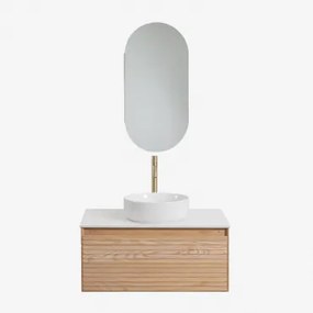 Tedrik Zwevend Badkamermeubelset Van Essenhout Ash Brown & Rond Keramiek Wit Ø40 Cm Lenka & Ovaal Met Opbergruimte 45x90 Cm Abner - Sklum