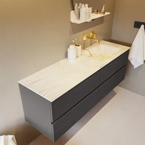 Mondiaz Vica DLux badmeubel 150cm dark grey 4 lades met wastafel ostra rechts zonder kraangat