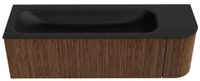 Mondiaz Kurve 145cm badmeubel ronding rechts walnut met 1 lade en deur en wastafel big large links zonder kraangat urban