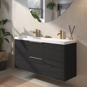 Saqu Lima ondiep badmeubel incl. glans witte wastafel met 2 kraangaten 120x40x64cm eiken zwart – messing greep