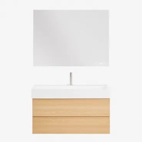 Ona Zwevend Badkamermeubelset Van Hout En Essenfineer Met Geïntegreerde Wastafel Natuurlijk Hout & Rectangular Led And Antifog 120x90 Cm Riben - Sklum