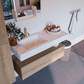 Mondiaz Alan DLux badmeubel 110cm washed oak 1 lade met wastafel opalo links 1 kraangat