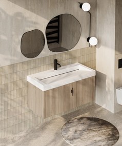 Muebles Calas badmeubel ribbelfront 100cm naturel eiken met solid surface wastafel met kraangat