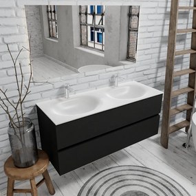 Zaro Sevilla Solid Surface badmeubel 120cm mat zwart 2 kraangaten met 2 lades dubbele spoelbak