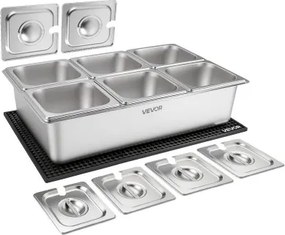 VEVOR Ingrediëntenbakjes voor op het aanrecht, bijgerechtbakjes met 6 roestvrijstalen bakjes van 1/6 inch, kruidendispenser met apart deksel, serveerbakjesset voor buffetten, restaurants, hotels en feesten