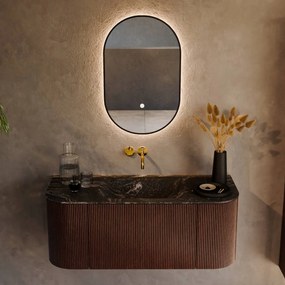 Mondiaz Kurve-dlux 110cm badmeubel ronding links/rechts ruby met 1 lade en 2 deuren en wastafel cloud midden zonder kraangat lava