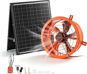 VEVOR Gevelventilator 30,5 cm, zolderventilator op zonne-energie, 1529,1 m³/u, oranje, 3-in-1 ventilatie, koeling en ontvochtiging voor zolders, kassen en opslagruimtes, stalen behuizing, met thermostaat en 35W zonnepaneel
