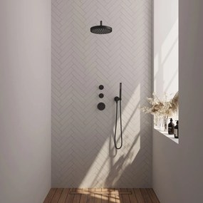 Brauer Stripe inbouw regendouche met 25cm hoofddouche, gebogen muurarm en staafhanddouche set 2 zwart mat