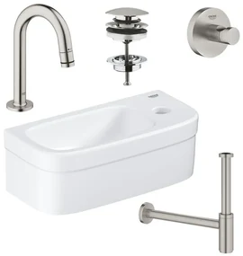 GROHE Euro fonteinset 37x18cm 1 kraangat zonder overloop gebogen super steel kraan sifon afvoerplug handdoekhaak fontein Rechthoek wit sw97640/sw197129/sw228380/sw438965/sw444108/